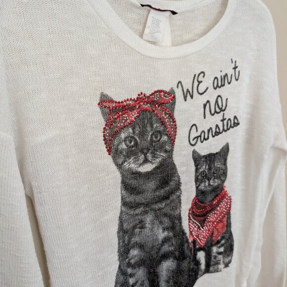 Blush 'we ain't no ganstas' cat sheer lightweight long sleeve top Medium - Picture 2 of 10
